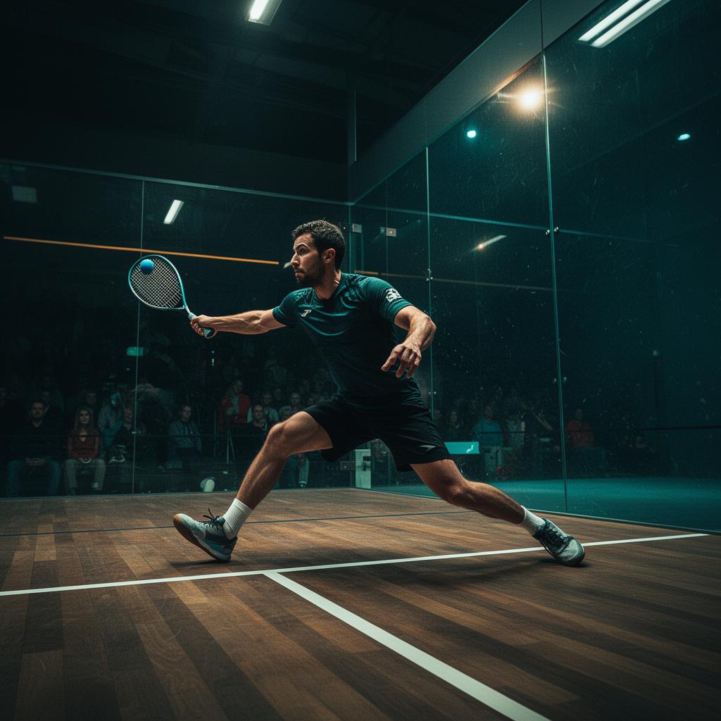 Squash athlete mid-lunge on a glass court